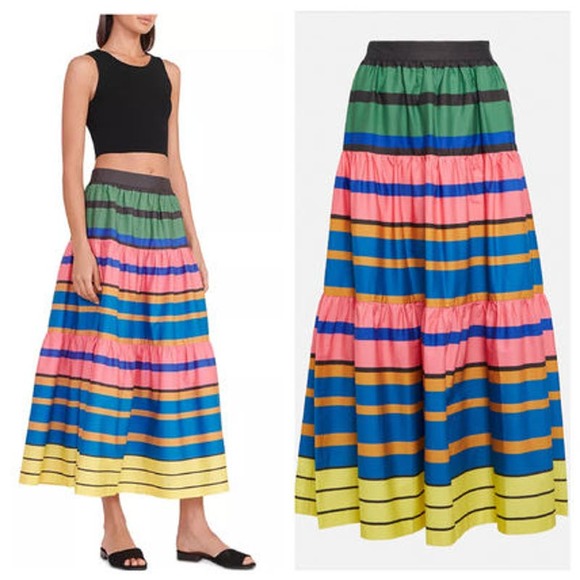 STAUD Dresses & Skirts - NEW STAUD High Waisted Sea Striped Tiered A-Line Poplin Midi Skirt Women…